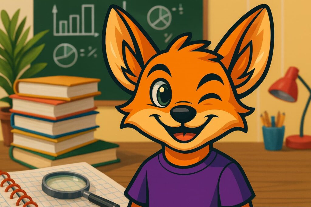Ilustración de un zorro animado estudiando en un aula con libros y pizarra, representando cómo calcular la nota de una oposición.