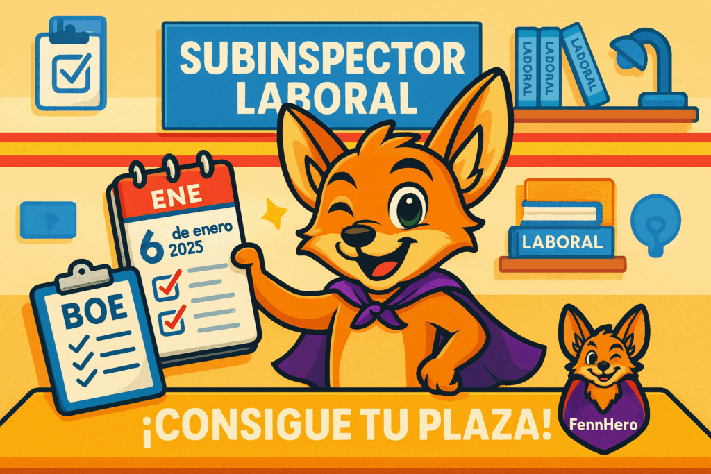 Ilustración divertida de la mascota FennHero con birrete y gafas, estudiando en un escritorio lleno de libros y apuntes para preparar oposición Subinspector Laboral.