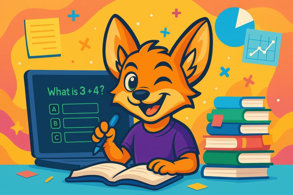 Ilustración divertida de Fenn estudiando para la oposición Observadores Meteorología con libros, test y gráficos educativos coloridos.