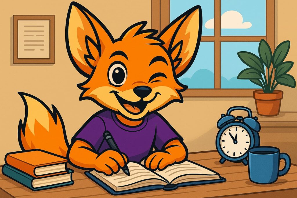 Ilustración divertida de un zorro animado estudiando con libros y reloj, preparándose para la oposición Inspector de Trabajo.