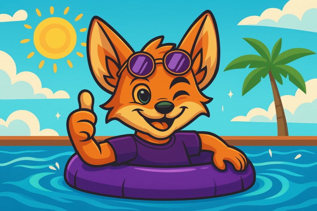 FennHero, el divertido zorro naranja, disfrutando en una piscina con ambiente veraniego, ideal para un artículo sobre oposición de Enfermero/a