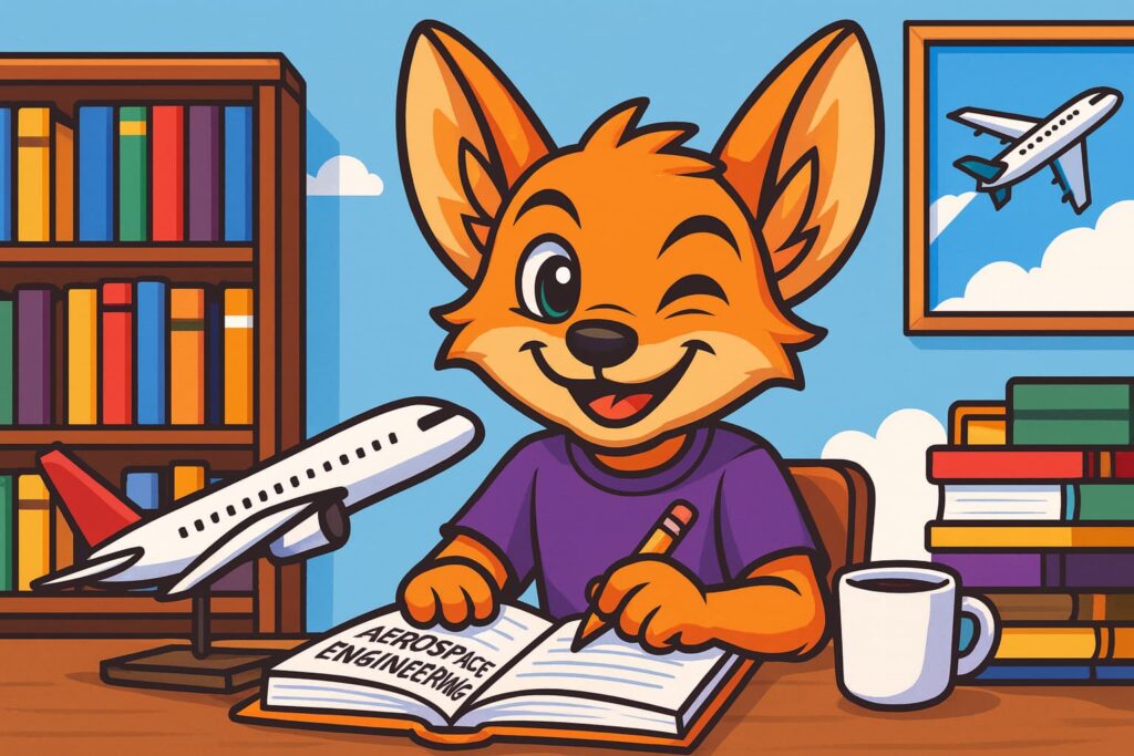 Ilustración de un zorro opositor estudiando ingeniería aeronáutica, rodeado de libros y maquetas de aviones, relacionada con las oposiciones Cuerpo de Ingenieros Aeronáuticos.