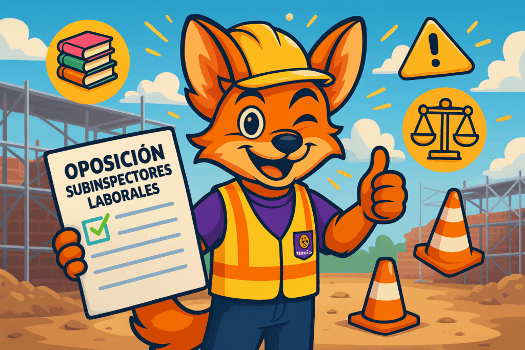 Ilustración divertida de la mascota FennHero con casco y chaleco de seguridad, sosteniendo un examen de oposición Cuerpo de Subinspectores Laborales y dando un pulgar arriba en un escenario de obra, rodeado de iconos de libros, balizas y balanzas.