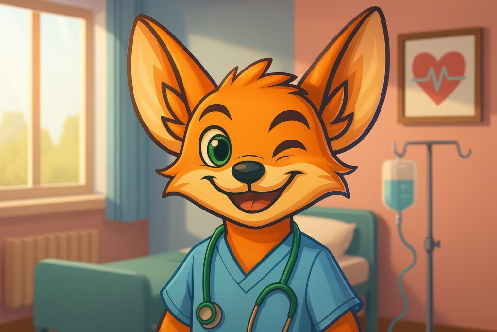 FennHero vestido de enfermero en una sala de hospital, representando la Oposición Enfermero/a con un entorno profesional y divertido.