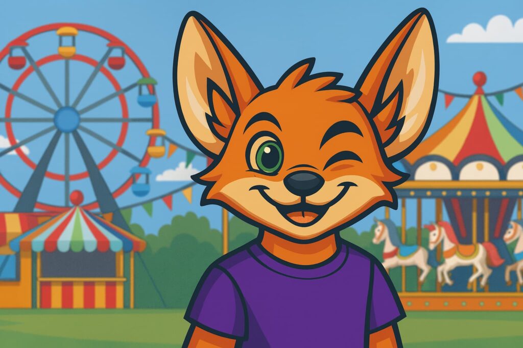 FennHero, el personaje zorro, en un entorno alegre de parque de atracciones, representando motivación para opositores de la Universitat de València.
