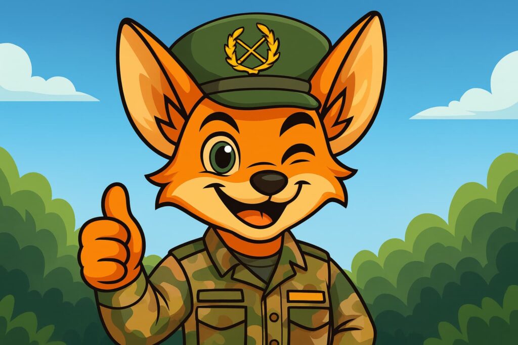 Ilustración de un zorro militar con uniforme de camuflaje y gorra, representando la Oposición Oficiales Cuerpos de Intendencia en un entorno natural.