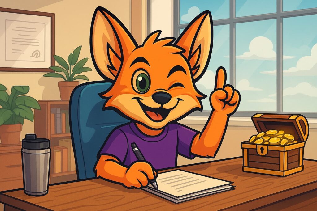 Fenn, la mascota de FennHero, estudiando en un despacho con un cofre de monedas de oro, simbolizando la oposición a la Subescala de Intervención-Tesorería y la estabilidad laboral en la administración local