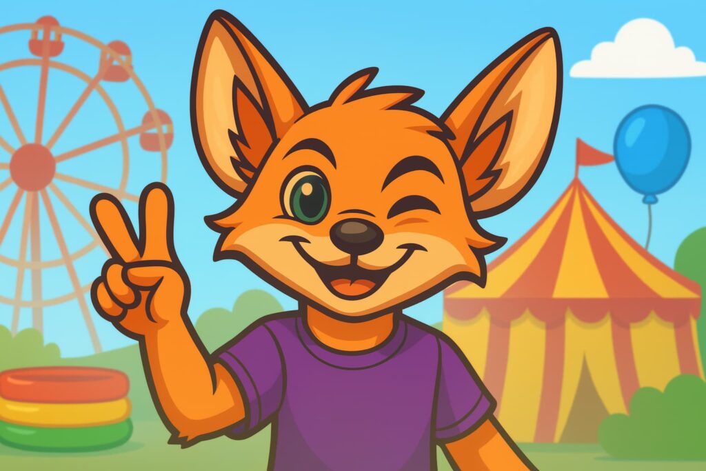 FennHero, el zorro naranja animado, sonriendo y levantando la mano en un entorno divertido con noria y feria.