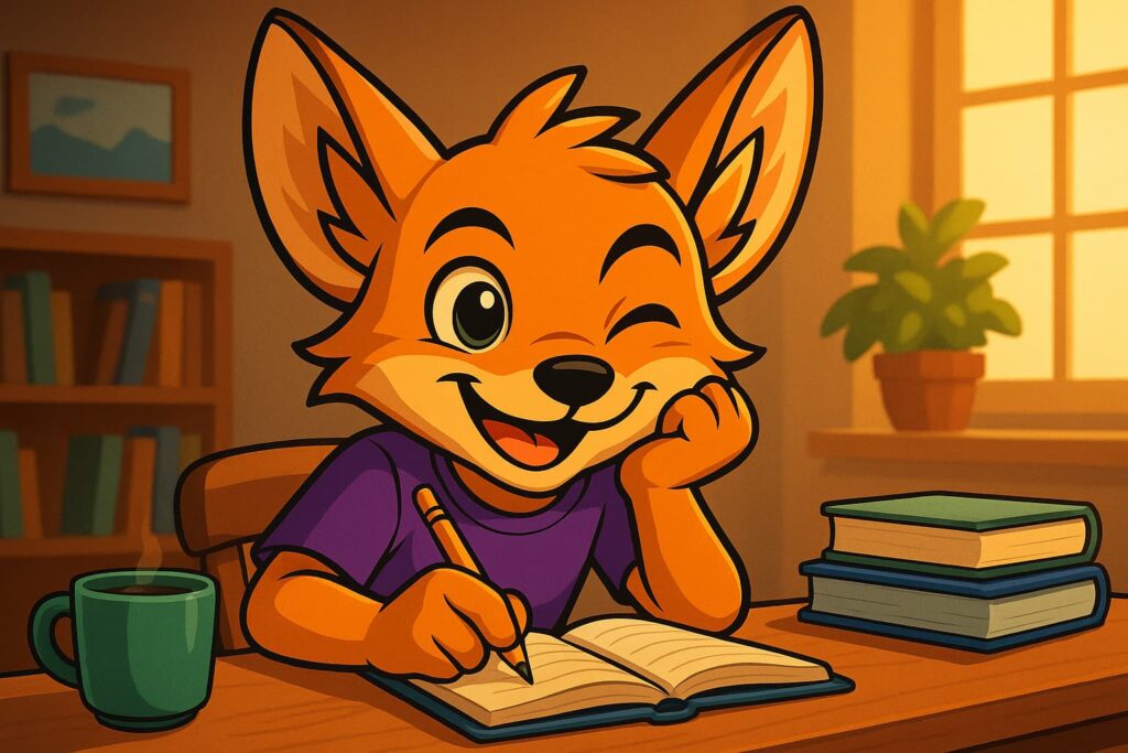 Ilustración profesional del personaje Fenn estudiando oposiciones en España en un ambiente moderno y motivador, con escritorio, libros y luz cálida