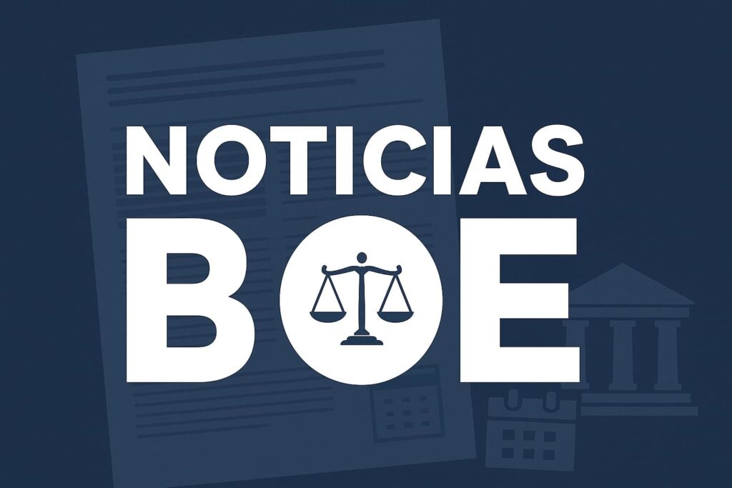 Cabecera NOTICIAS BOE con iconos de justicia y calendario, para artículos sobre oposiciones en españa y novedades del BOE.